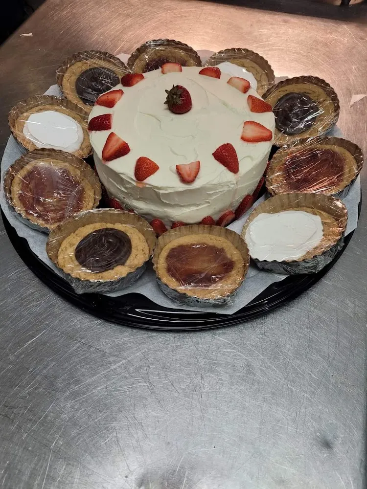 Custom Strawberry Cake with Cream Cheese Frosting Peanut Butter Cookies Around the Edge